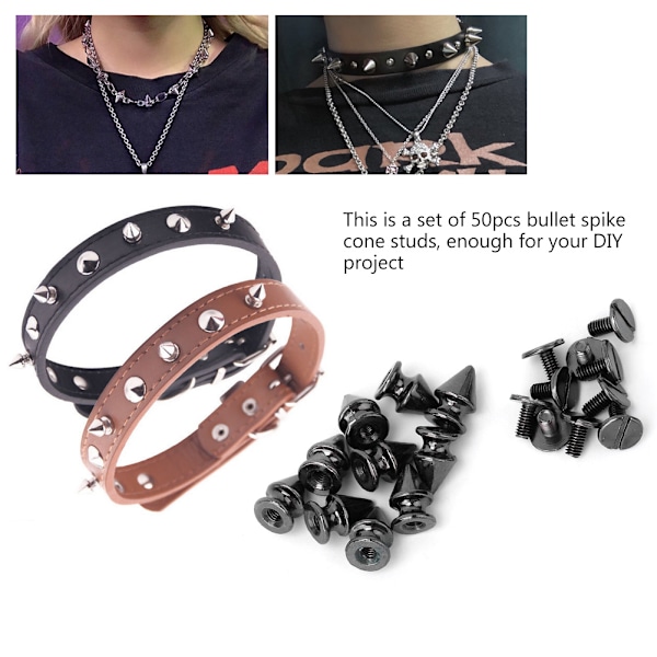 50 st 8*12 mm Fashion Metal Bullet Rivet Spikes & Cone Studs för Läder DIY Tillbehör (Svart)
