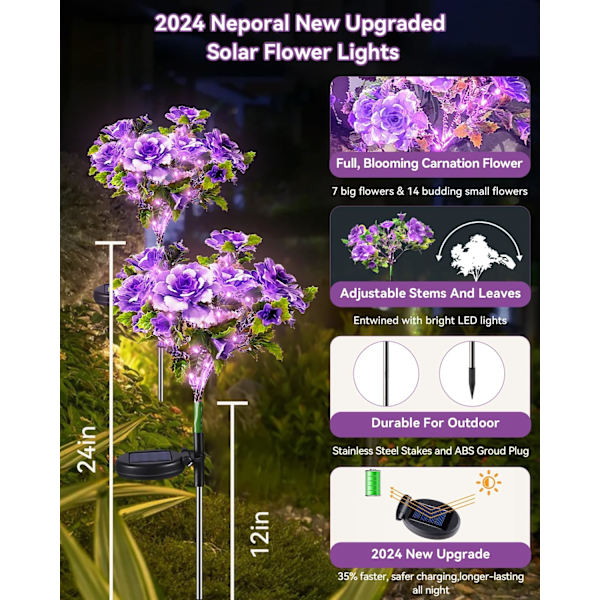Solcellelamper til udendørs brug - 2-pak solcellelamper til haven med lilla nellike-solblomster, solcellelamper til udendørs brug, vandtætte IP65, solcellelamper til udendørs dekoration Purple2