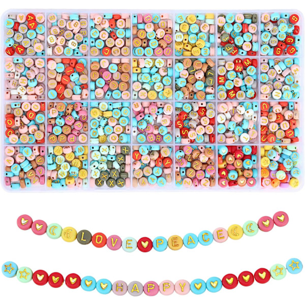 1820 kpl kirjainhelmiä rannekoruihin, 28 tyyliä aakkoshelmiä värikkäitä sydänhelmiä rannekoruihin ja korujen valmistukseen (4x7 mm, värikäs ja kultainen) Colorful