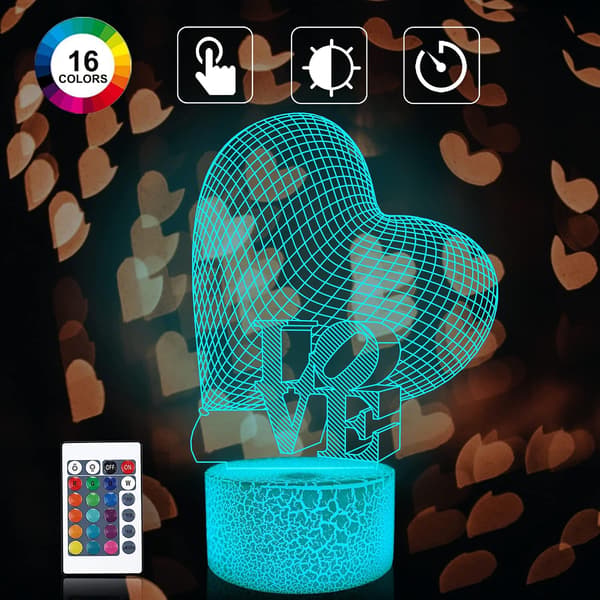 Kjærlighet 3D Lampe Nattlys for Jenter, Attivolife Hjerte Natt L
