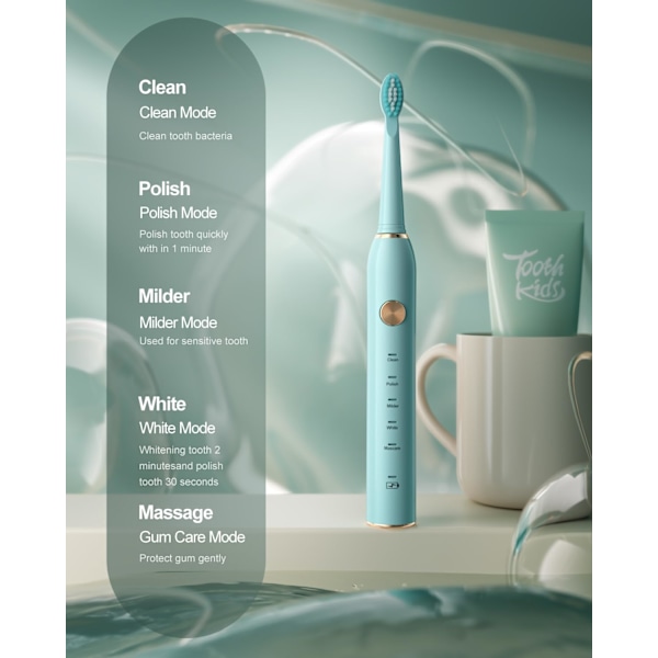 Sonic Elektrisk Tandborste för Vuxna med 8 Borst Huvuden, IPX7 Vattentät Sonicare 38000VPM, Snabb Laddning med Intelligent Tidpåminnelse 5 Valfria Lägen Green