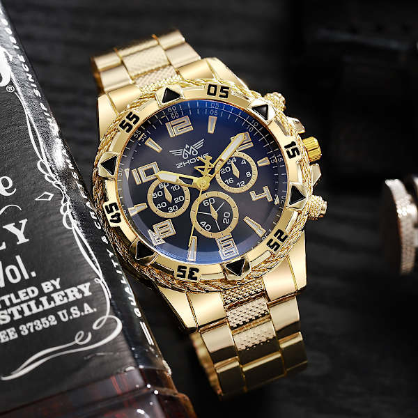 Herrar Kvartsur Klocka Mode Rostfritt Stål Chronograph Affärs Klockor för Män Gold-1