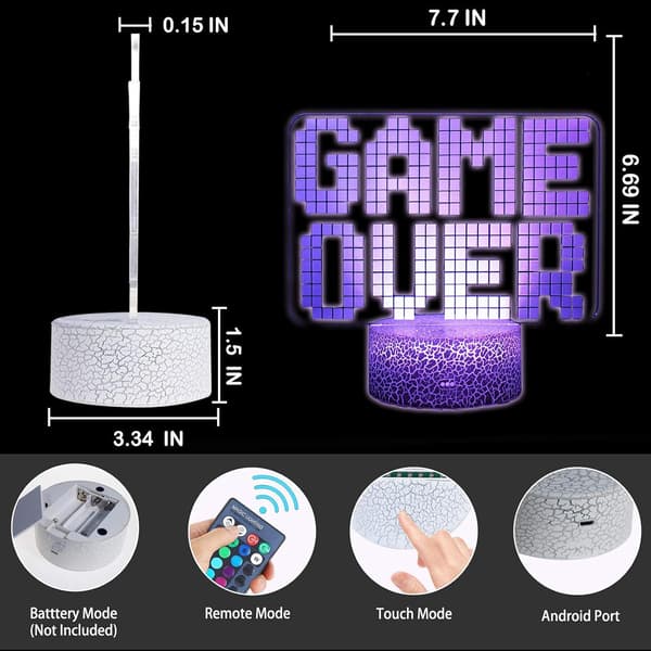 Game Over 3D Illusion LED Rum Skrivebordsdekorationslampe Gaming Nat