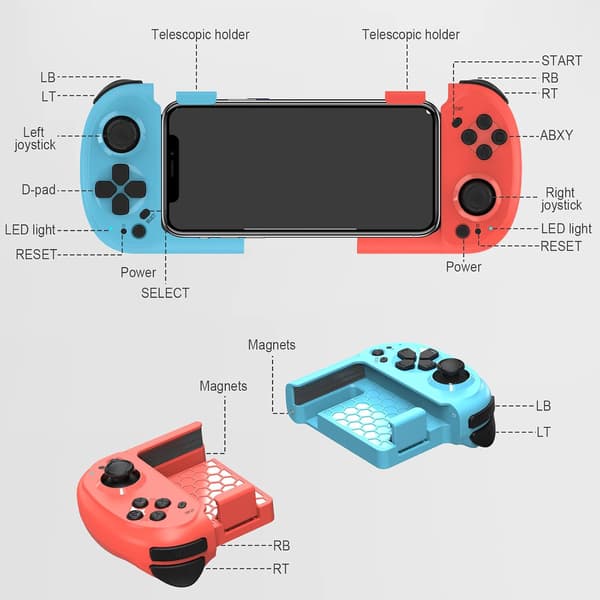 Mobil Gaming Controller til iPhone, Android, PC, Direct Play, Bærbar Mini Bluetooth Controller Gamepad Joystick med Magnetisk Opbevaring til iPhone 1 Blue+Red