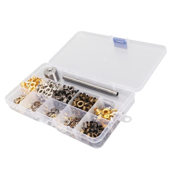 400 st Grommets 5mm 4 färger Robust kopparlåda förpackad enkel installation Öglekit med stans för skor väskor kläder