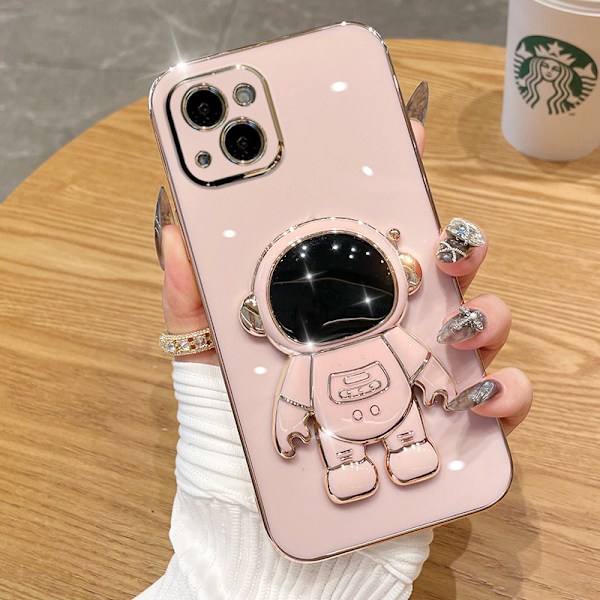 6D galvanoitu astronautti piilotettu jalustakotelo iPhonelle Naisastronautti taittuva jalustakotelo iPhonelle kamerasuojalla Pehmeä TPU iskunkestävä puskuri Pink iPhone X