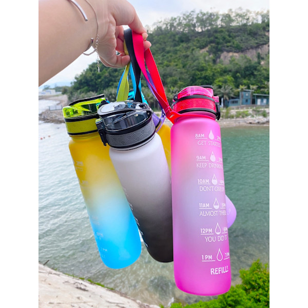 32oz Motiverande Vattenflaska med Tidsmarkör, 1l Flaska med Bärrem, Perfekt för Fitness, Gym och Utomhussporter (Gradient Blå Pulver)