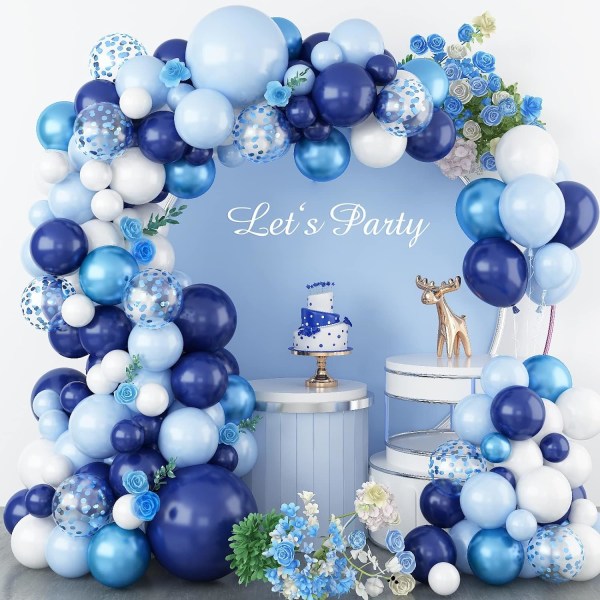 Blue Balloons Arch Garland Kit, marinblå och vit ballong Arch Kit med krom Blå Baby Ljusblå konfettiballonger, annan storlek blå ballong Blue