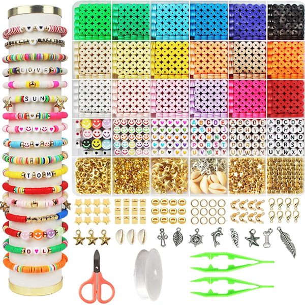 5100 stk leireperlesett, armbåndssett med perler, smilende ansiktsskall, DIY håndlaget armbåndshalskjede smykker, armbånd og smykkeproduksjon