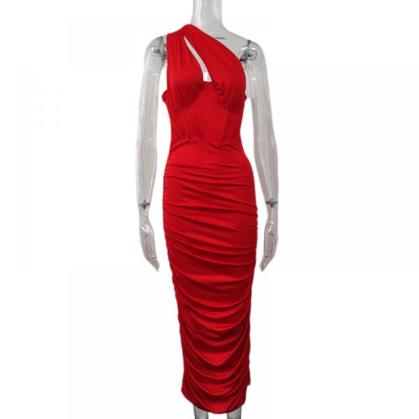 Klänning Sexig sned axel ihålig omlott höftklänning (röd M)