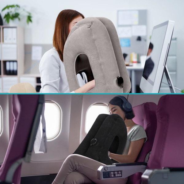 2-pack uppblåsbart resenacke för resor, sovande säng, bilkudde, sätesflygplan, nackstöd, stödjer rygg, huvud och ländrygg med Black and Light Gray