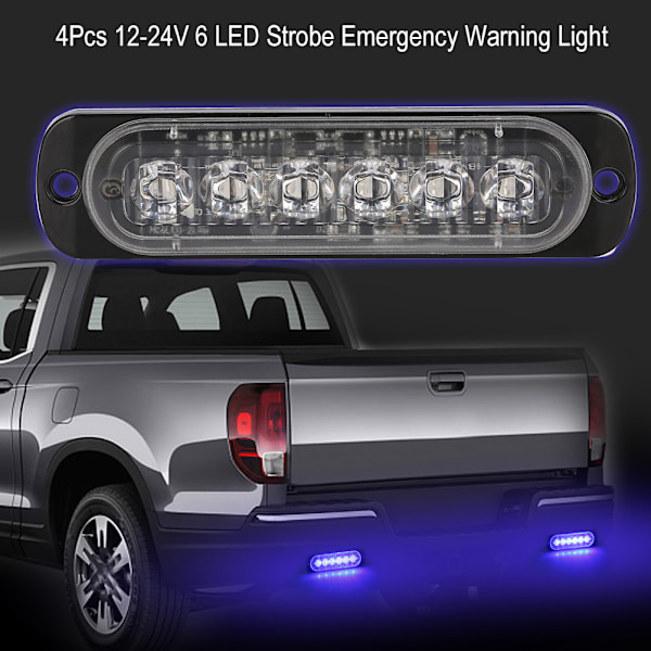 4 kpl 12-24V Auton 6 LED Vilkku Strobe Hätävaroitussävyristikko Vilkkuva Valopalkki Sininen