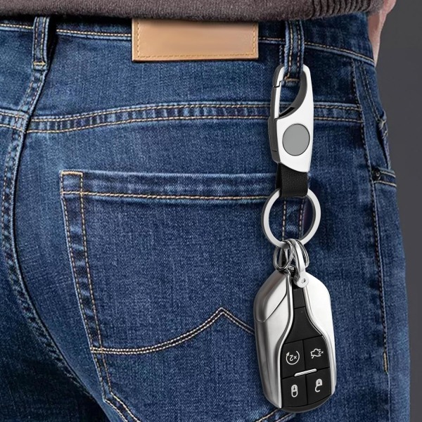 Karabinhage nøglering, nøgleringe til bilnøgle med 2 nøgleringe og anti-tabt D-ring, multifunktionelle nøgleringe til mænd og kvinder-sølv (sort læder) Silver Black Leather