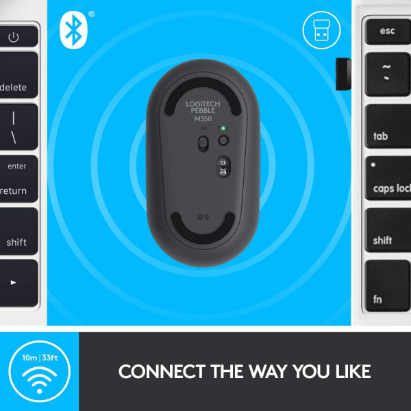Logitech M350 Pebble Langaton Hiiri Bluetoothilla tai 2,4 GHz Vastaanottimella, Hiljainen, Ohut Tietokonehiiri Hiljaisilla Napsauksilla Black
