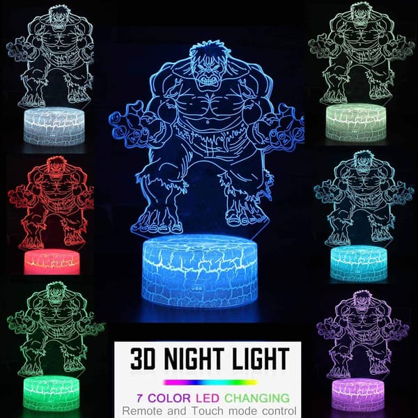 Hulk Gutter for Gutter, 3D Illusionslampe Gave til Romdekorasjon Barnehage, Kule Marvel Gutter Gave til Bursdag & 7 Farger Skiftende Gutter eller Barn (