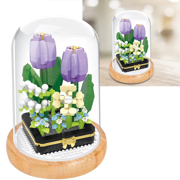 Växtbyggstenar Miniatyr DIY Byggstenar Bukett Krukväxter Prydnader Dekoration Leksaker med Skyddande Överdrag Tulip