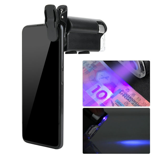 Universal Telefon Mikroskop Forstørrelsesglas 60~100X Zoom Ind med LED og UV Lys Små Objekter Observationsværktøj