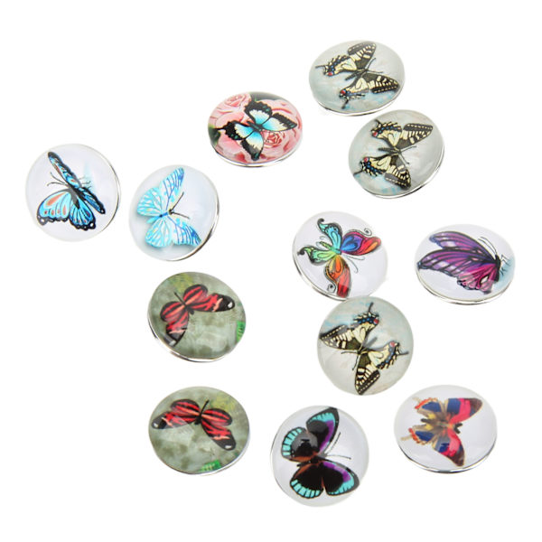 12 stk knapper DIY smykker håndlaget sommerfuglmønster glassmaling knapp snaps dekorasjon