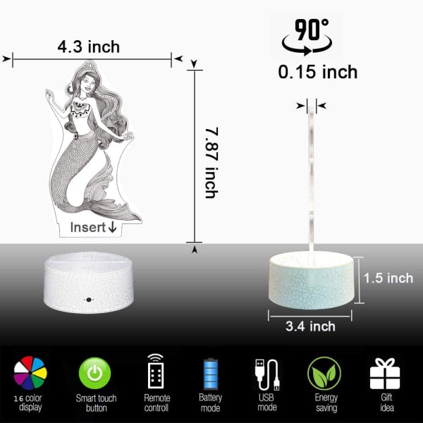 Havfrue 3D Lampe Nattelys for Barn med Smart Berøring & Fjernkontroll 7 Farger + 16 Farger Skiftende Dimbar Havfruegaver