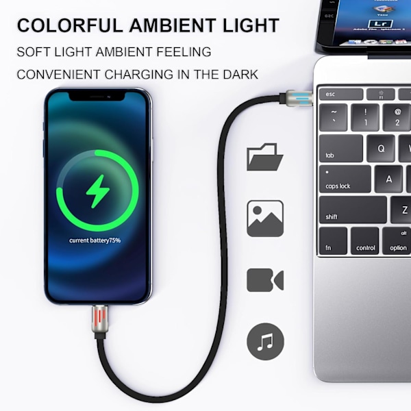 240W 4-in-1 USB-C-kaapeli, monikaapeli hengittävällä valolla, PD 5A nopea lataus ja datansiirto silikonilla yhteensopiva iPhonen, Samsungin ja kannettavan tietokoneen kanssa Black 1.5m