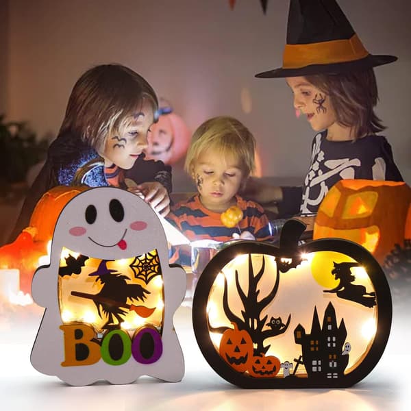 2 st träbelysta pumpaspöklampor – Halloween bordsdekorationer med skuggbox
