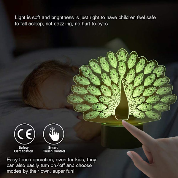 Novelty Peacock Form 3D LED Natlampe med 7 Farveskiftende Dyr Påsfugl Bordlampe Hjemmeindretning Gaver Lampara Sove Lysarmatur