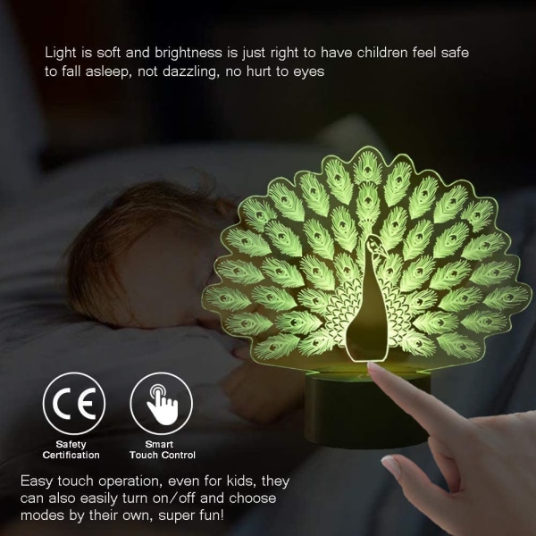 Nyhet Påfugl Formet 3D LED Nattelys 7 Farge Skiftende Dyr Påfugl Bordlampe Hjemmedekor Gaver Lampara Sove Lys Armatur