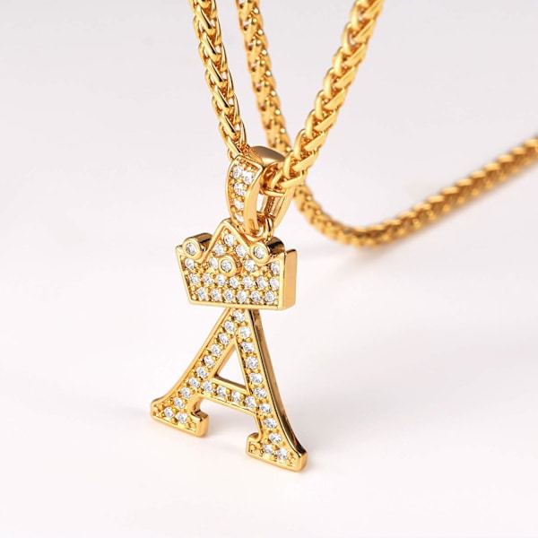 Krone Initial A-Z Halskæde, Iced Out Bogstav Vedhæng med 22-24 Tommer Kæde, Mænd Kvinder Bling Hip Hop Alfabet Navn Smykker Gave Store Initialer Halskæder A 18K Gold