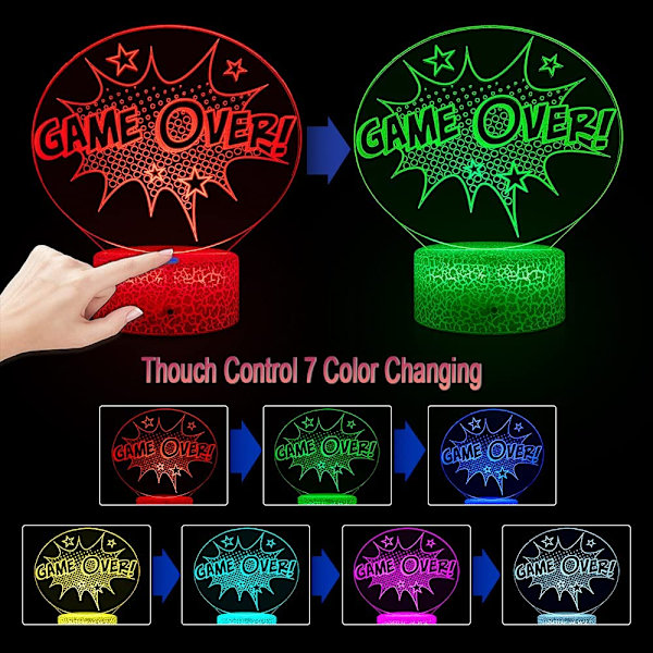 Game Over Lampe Spillentusiaster Nattlys Videospillrom Dekor, Dimbar Nattlys/16 Fargeendring/Fjernkontroll & Berøringskontroll