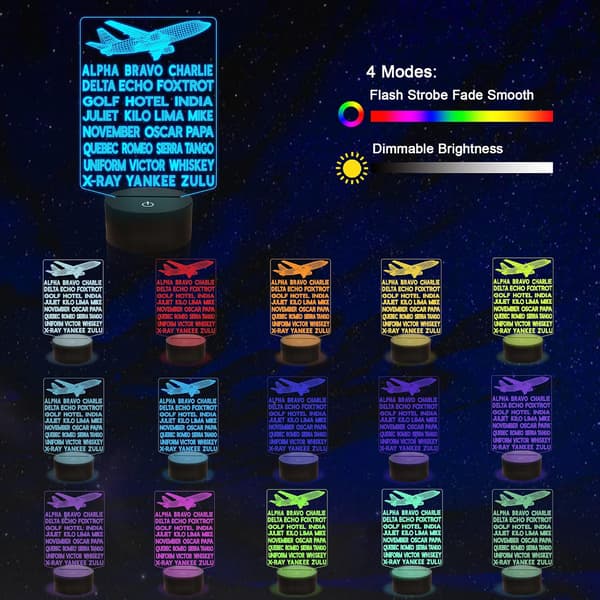 Pilot Code Fonemtisk Alfabet Natlampe, Fly 3D Illusion Lampe
