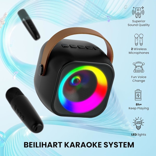 Mini Karaoke Maskin, Portabel Bluetooth Karaoke Högtalare med 2 Trådlösa Mikrofoner och Festljus för Barn och Vuxna, Födelsedag balck