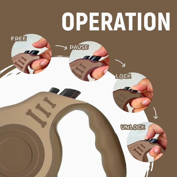 Inntrekkbar hundebånd Automatisk teleskopisk traktor hundebånd, kjæledyrbånd 10/16 FT Holdbart og praktisk, med sklisikkert håndtak, egnet for små og mellomstore hunder White Brown 10FEET