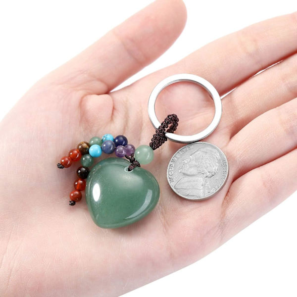 Naturlig krystallhjerte edelsten nøkkelring 7 chakra helbredende stein nøkkelring sjarm for kvinner Green Aventurine