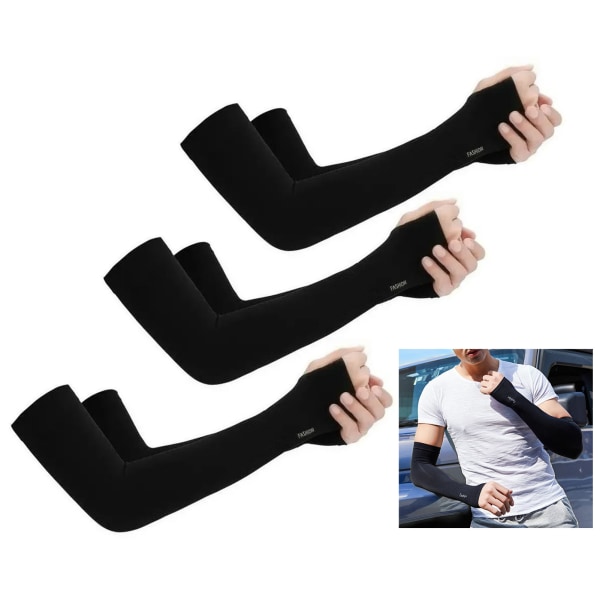 3 par armermer for menn kvinner UV-beskyttelse Arm kjøleermer med tommelhull for utendørs sykling Fiske Svart