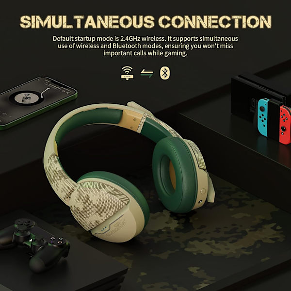 G08 Trådlöst Gaming Headset med Mikrofon: 100 timmars batteritid, 10 m räckvidd, Unik ökenfärg, Kompatibel med PS4/PS5/PC/Mac