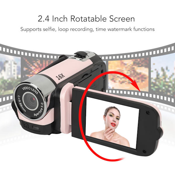 D90 1080P 16MP Digitalkamera 2,4 tum roterbar skärm Videokamera 16X zoom HD videobandspelare med fyllningsljus Pink