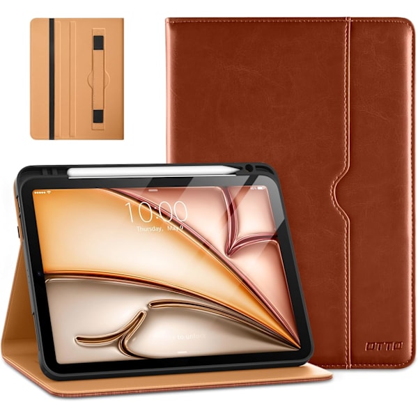 iPad Pro 11-tums Fodral M2 (2024), Premium Läder Business Folio Ställskydd med Pennhållare - Auto Sleep/Wake Brown Apple