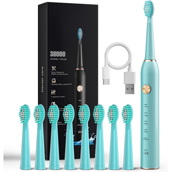 Sonic Elektrisk Tandborste för Vuxna med 8 Borst Huvuden, IPX7 Vattentät Sonicare 38000VPM, Snabb Laddning med Intelligent Tidpåminnelse 5 Valfria Lägen Green