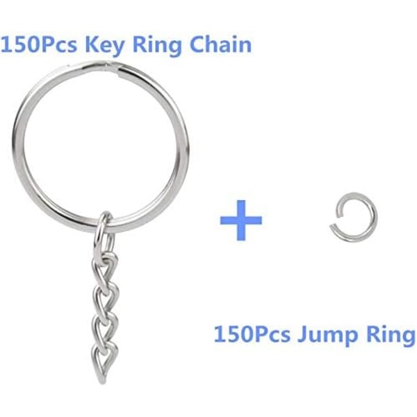 100 stk. 1 tommer/25mm split nøgleringe med kæde sølv nøglering, nøgleringe dele med åben springring og konnektor. 100Pcs
