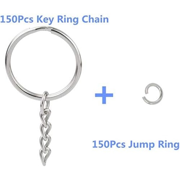 150 stk. 1 tommer/25mm split nøgleringe med kæde sølv nøglering, nøgleringe dele med åben springring og konnektor. 150Pcs