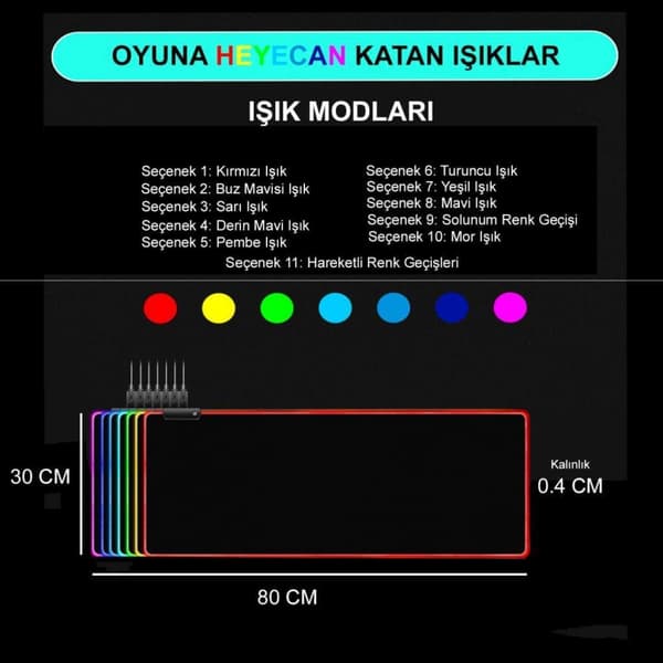 Stor RGB LED-belyst spillmatte for spill, musematte med sklisikker bunn 40x90cm