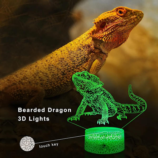 Skäggagam Nattlampa - 16 Färgväxlande LED-lampor & USB Laddningsbar - Skäggagam Tank Dekoration Belysning Sovrumslampa - Cool 3D Illusion Lampa Chris