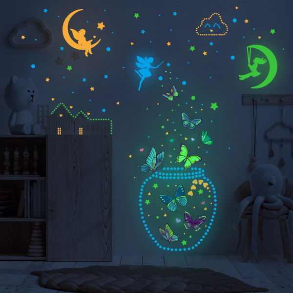 Glow in the Dark Fairy Väggdekaler, Stjärnor och Måne Lysande Ljus Färgglada Väggdekaler PVC-dekaler för Pojkar Flickor Sovrum Barnkammare