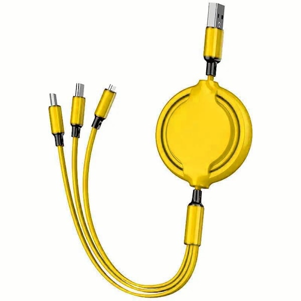 3-i-1 Retraktil Laddningskabel [3A, 1m] Multi USB-kabel Snabbladdare för Telefon, Samsung, iPad, Surfplattor, Switch och Mer Yellow