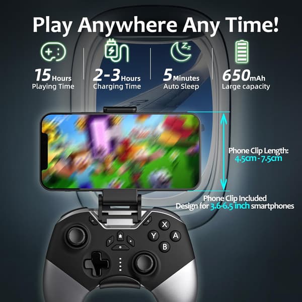 Bluetooth-kontroller for Switch/PC/iPhone/Android/Apple Arcade MFi-spill/TV/Steam, Pro trådløs spillkontroller med telefonklips med nylansert L Black