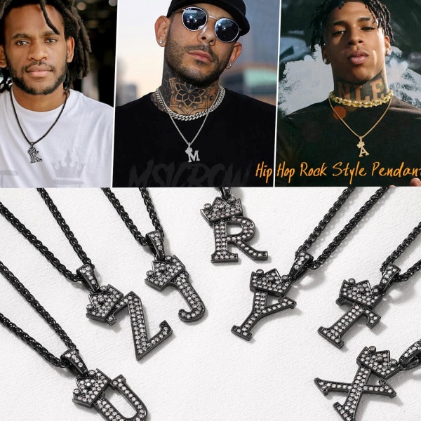 Krona Initial A-Z Halsband, Iced Out Letter Hänge med 22-24 Tums Kedja, Män Kvinnor Bling Hip Hop Alfabet Namn Smycken Present Stora Initialer Halsband G Black