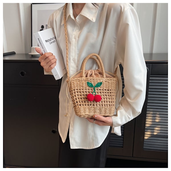 Lille halm spand tasker til kvinder sommer crossbody tasker dame rejse pung og håndtasker kvindelige skulder messenger taske khaki cherries
