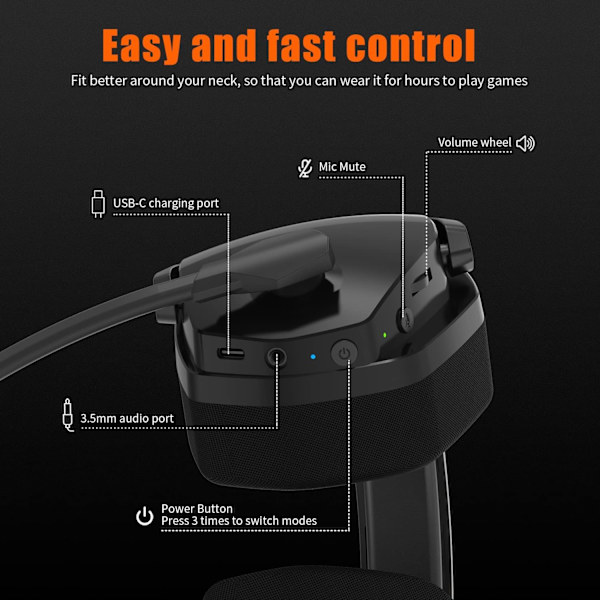 G06 Trådløst dobbelt gaming-headset med mikrofon for PS5, PS4, PC, mobil, Switch: 2,4 GHz trådløs + Bluetooth - 100 timers batteri - 50 mm drivere - Oran Orange