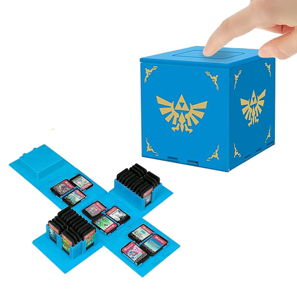 Kompatibel med Nintendo Switch, ekstra stor kapasitet Switch-spillveske, oppgradert 41 spor Switch-spillkort oppbevaringsboks, trykk for å folde ut morsom kortveske Z Blue