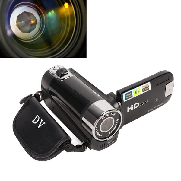 Digitaalinen kamera 1080P 16MP HD 16X zoom, tärinänvastainen, kädessä pidettävä, sisäänrakennettu mikrofoni, videokamera LED-täyttövalolla Black